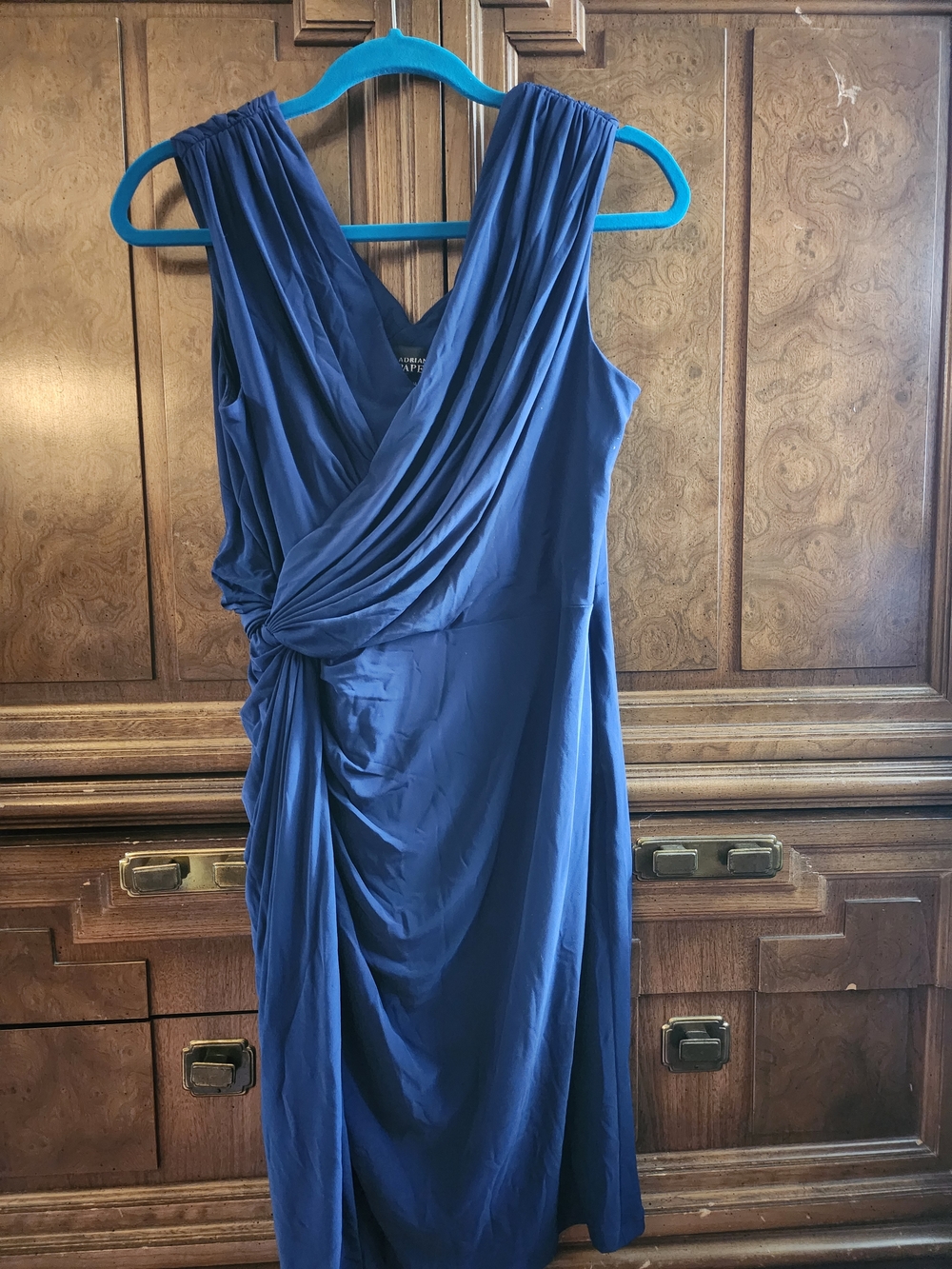 Adrianna Papell Navy Blue Draped Knot Evening Dress